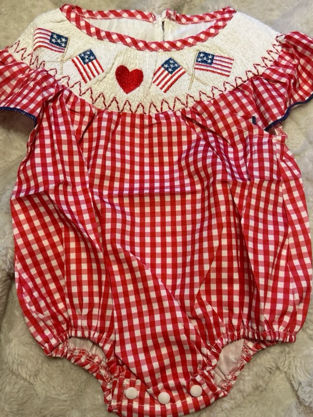& Other Stories Red and White Gingham Smocked Heart & Flag Baby One-Piece